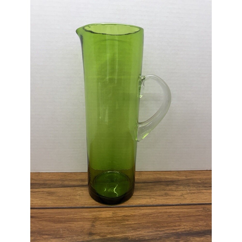Vintage Bischoff Avocado Green Handblown Glass Pitcher 13.5” MCM